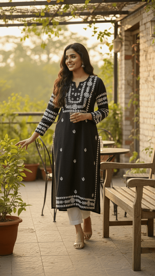Woman in a black and white traditional outfit standing outdoors on a wooden deck with plants and furniture.