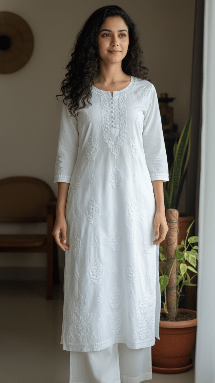Woman wearing a white embroidered kurta standing in a room with a plant and chair.